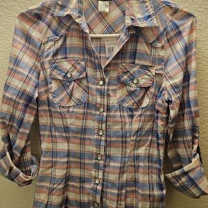 579 Women's Plaid Button-Down Shirt in Blue, Pink, Cream